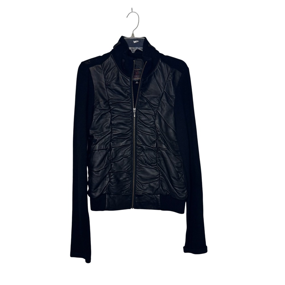 XCVI Women's Jacket Genuine Leather Angora Wool Blend Ruched Moto Black Medium